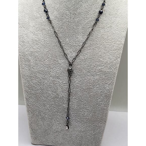 Gunmetal Y Necklace and Earring Set Blue Crystal Beads Modern Fashion Jewelry - Picture 3 of 13